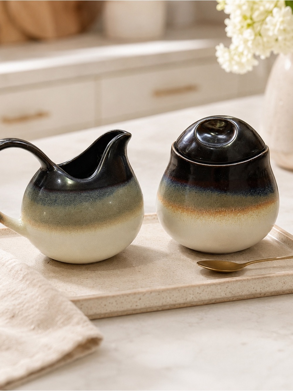 Sango Nova Black 4932 Stoneware Creamer & Covered Sugar Bowl Set circa 2000-2004